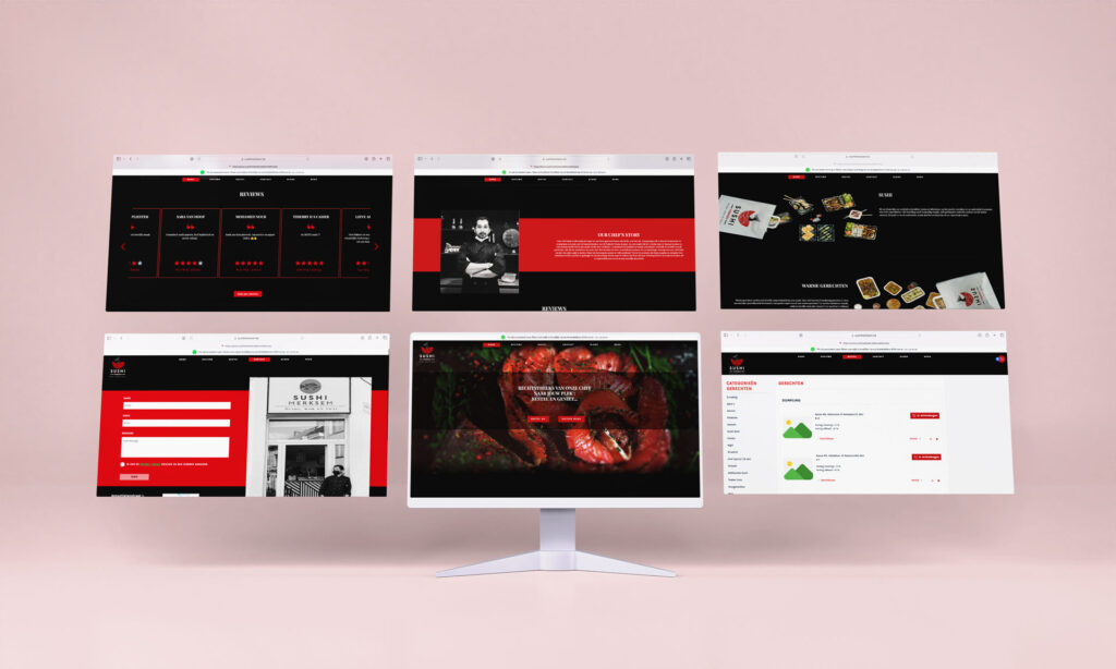 sushi merksem website mockup with different pages