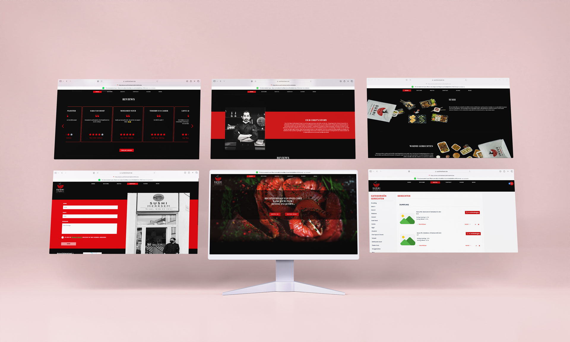 sushi merksem website mockup with different pages